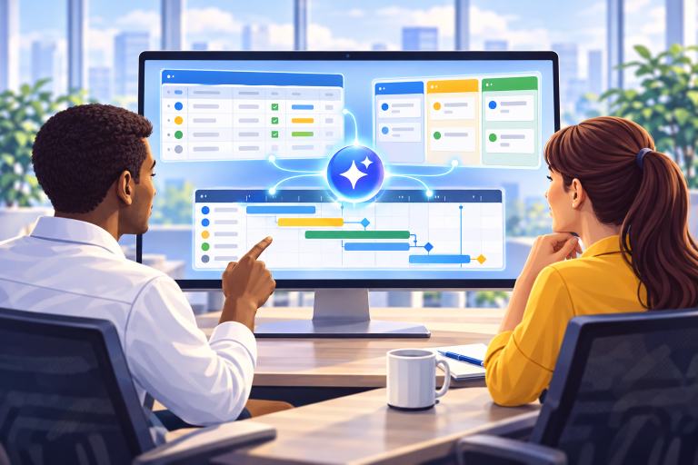 Illustration: Smartsheet Brings AI Features to Table, Board, and Timeline Views, in the TaskIT Visual Style