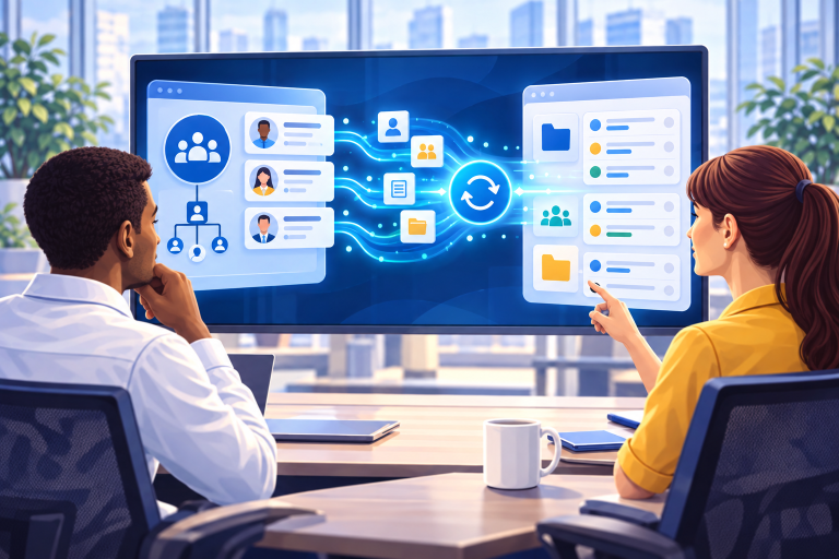 Illustration showing Smartsheet announcing an integration to sync Workday data, in the TaskIT visual style