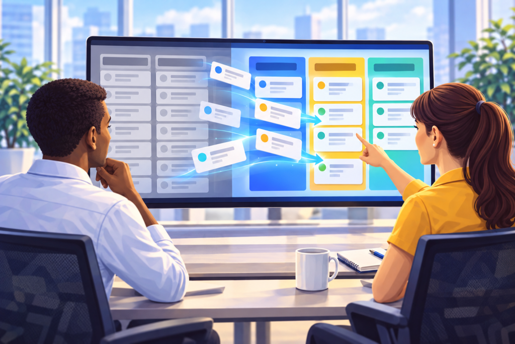 Ilustração sobre Smartsheet conclui transição do Card View para o Board View, em estilo visual TaskIT