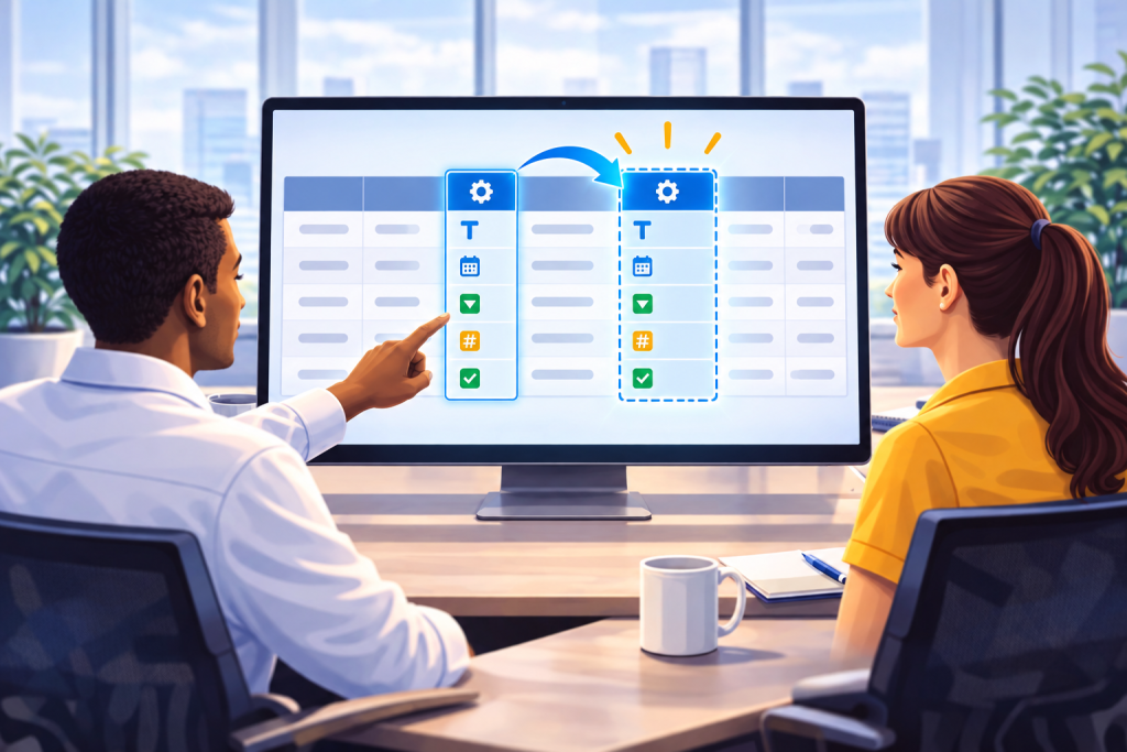 Ilustração sobre Smartsheet permite duplicar colunas e propriedades sem copiar dados, em estilo visual TaskIT