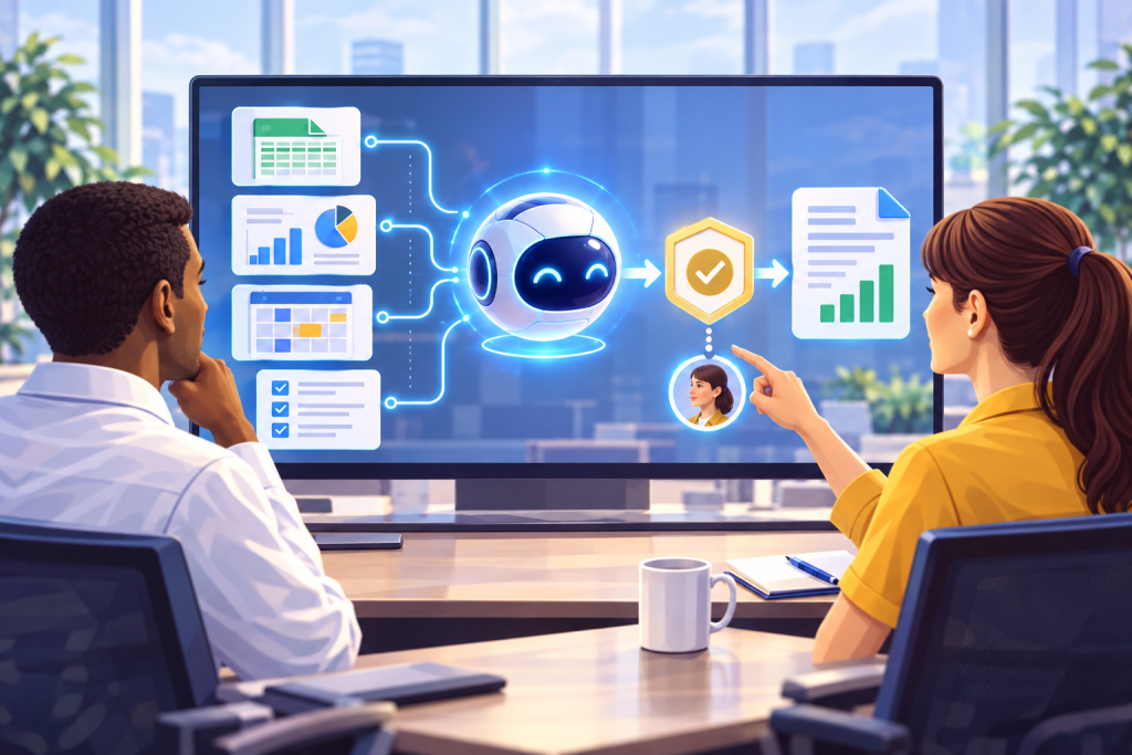 Ilustração sobre Smartsheet chega ao Microsoft Copilot Cowork para executar tarefas em várias etapas, em estilo visual TaskIT